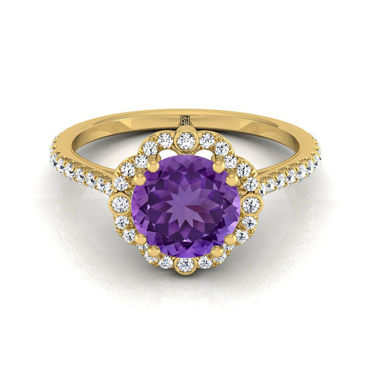 14K Yellow Gold Round Brilliant Antique Delicate Beaded Floral Halo and Leaf Engagement Ring -1/2ctw