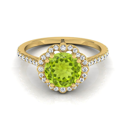 14K Yellow Gold Round Brilliant Peridot Ornate Diamond Halo Vintage Inspired Engagement Ring -1/4ctw