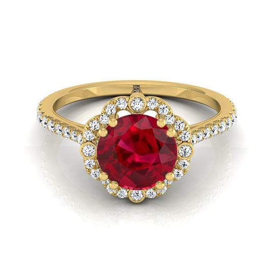 18K Yellow Gold Round Brilliant Ruby Ornate Diamond Halo Vintage Inspired Engagement Ring -1/4ctw