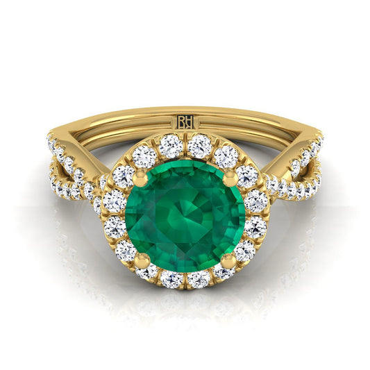 14K Yellow Gold Round Brilliant Emerald Twisted Scalloped Pavé Diamonds Halo Engagement Ring -1/2ctw