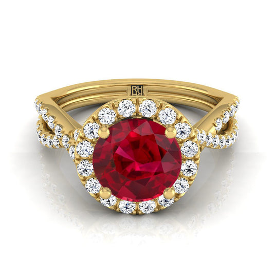 14K Yellow Gold Round Brilliant Ruby Twisted Scalloped Pavé Diamonds Halo Engagement Ring -1/2ctw
