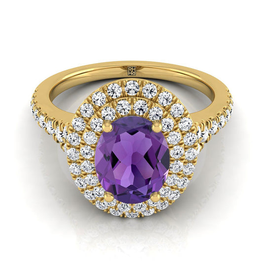 18K Yellow Gold Oval Amethyst Double Halo with Scalloped Pavé Diamond Engagement Ring -1/2ctw