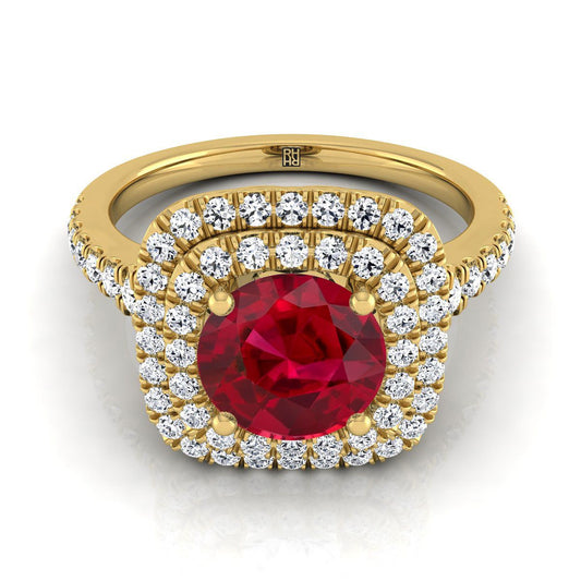 14K Yellow Gold Round Brilliant Ruby Double Halo with Scalloped Pavé Diamond Engagement Ring -1/2ctw