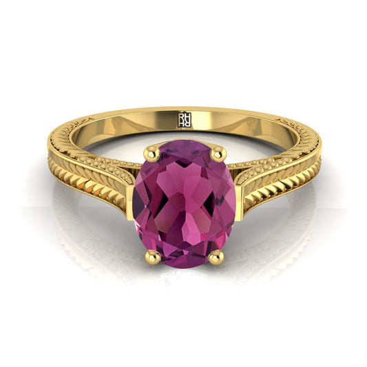 18K Yellow Gold Oval Garnet Hand Engraved Vintage Cathedral Style Solitaire Engagement Ring