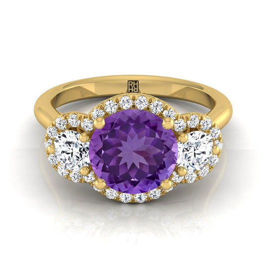 14K Yellow Gold Round Brilliant Amethyst French Pave Diamond Three Stone Engagement Ring -1/2ctw