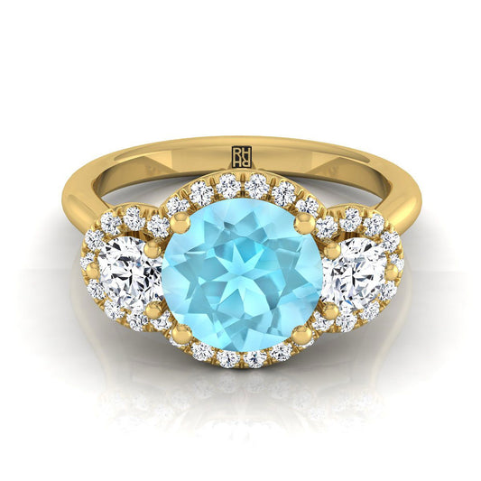 14K Yellow Gold Round Brilliant Aquamarine French Pave Diamond Three Stone Engagement Ring -1/2ctw
