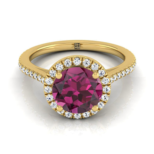 14K Yellow Gold Round Brilliant Classic French Pave Halo and Linear Engagement Ring -1/4ctw