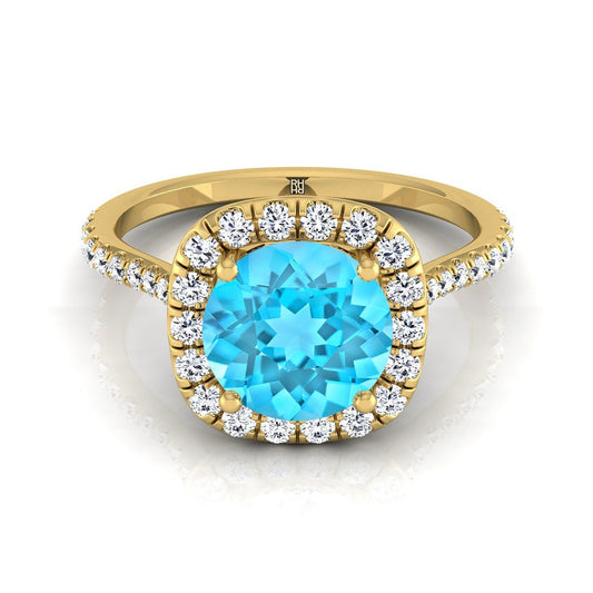 18K Yellow Gold Round Brilliant Swiss Blue Topaz Shared Prong Diamond Halo Engagement Ring -3/8ctw