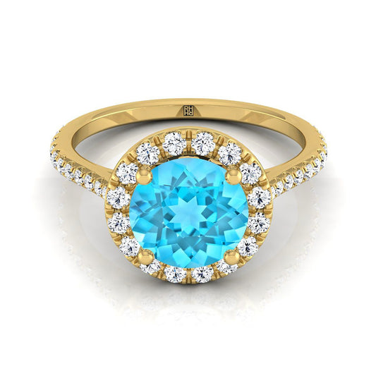 14K Yellow Gold Swiss Blue Topaz Swiss Blue Topaz Halo Diamond Pave Engagement Ring -3/8ctw