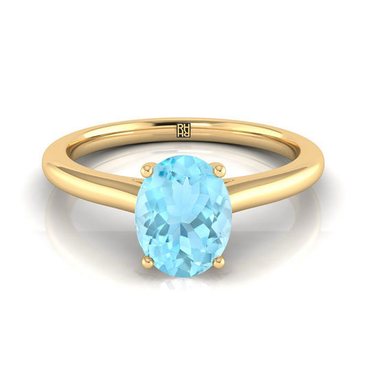 14K Yellow Gold Oval Aquamarine Pinched Comfort Fit Claw Prong Solitaire Engagement Ring
