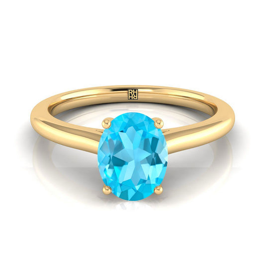 14K Yellow Gold Oval Swiss Blue Topaz Pinched Comfort Fit Claw Prong Solitaire Engagement Ring