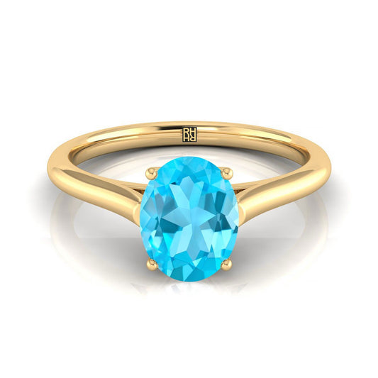 14K Yellow Gold Oval Swiss Blue Topaz Cathedral Style Comfort Fit Solitaire Engagement Ring