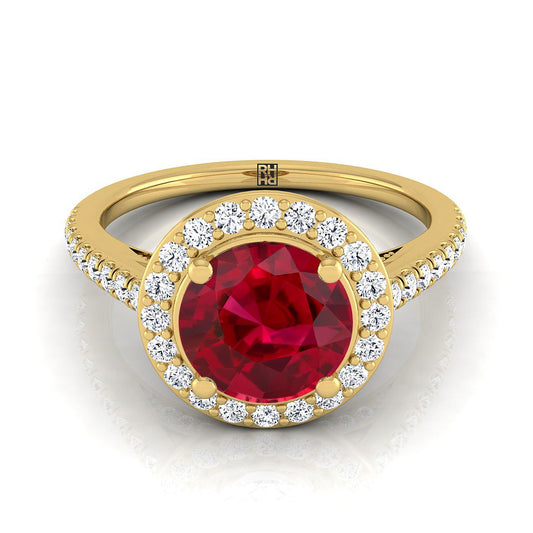 18K Yellow Gold Round Brilliant Ruby French Pave Halo Secret Gallery Diamond Engagement Ring -3/8ctw