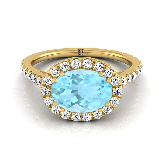14K Yellow Gold Oval Aquamarine Horizontal Fancy East West Diamond Halo Engagement Ring -1/2ctw