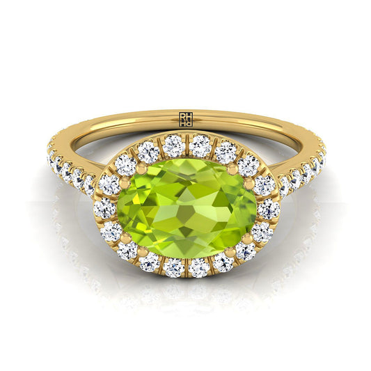 14K Yellow Gold Oval Peridot Horizontal Fancy East West Diamond Halo Engagement Ring -1/2ctw