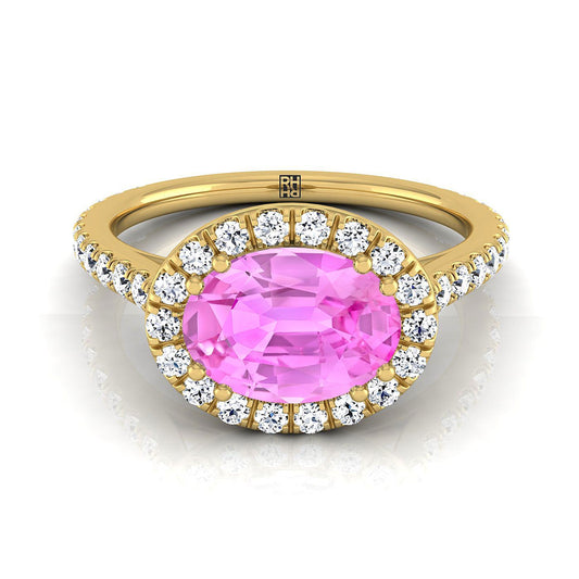 18K Yellow Gold Oval Pink Sapphire Horizontal Fancy East West Diamond Halo Engagement Ring -1/2ctw