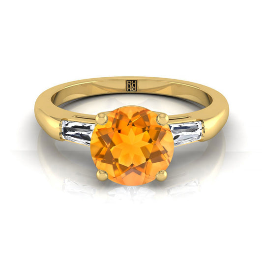 18K Yellow Gold Round Brilliant Citrine Three Stone Tapered Baguette Engagement Ring -1/5ctw