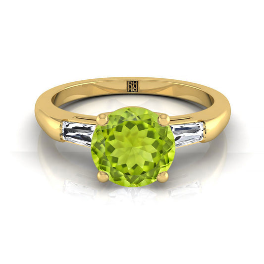 14K Yellow Gold Round Brilliant Peridot Three Stone Tapered Baguette Engagement Ring -1/5ctw