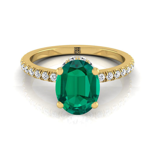 18K Yellow Gold Oval Emerald Secret Diamond Halo French Pave Solitaire Engagement Ring -1/3ctw