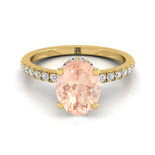 14K Yellow Gold Oval Morganite Secret Diamond Halo French Pave Solitaire Engagement Ring -1/3ctw
