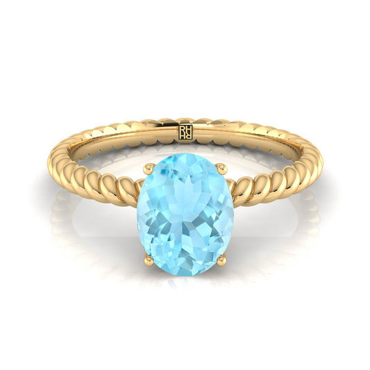 18K Yellow Gold Oval Aquamarine Twisted Rope Solitaire With Surprize Diamond Engagement Ring