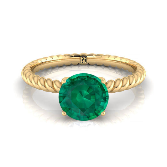 18K Yellow Gold Round Brilliant Emerald Twisted Rope Solitaire With Surprize Diamond Engagement Ring