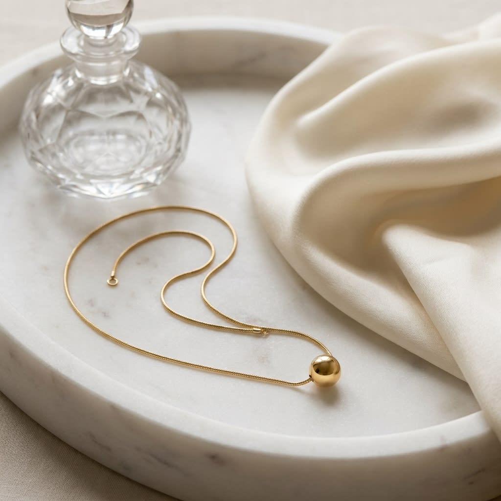 14K Yellow Gold Beaded Station Chain Necklace, 18 Inch, on marble vanity tray with silk