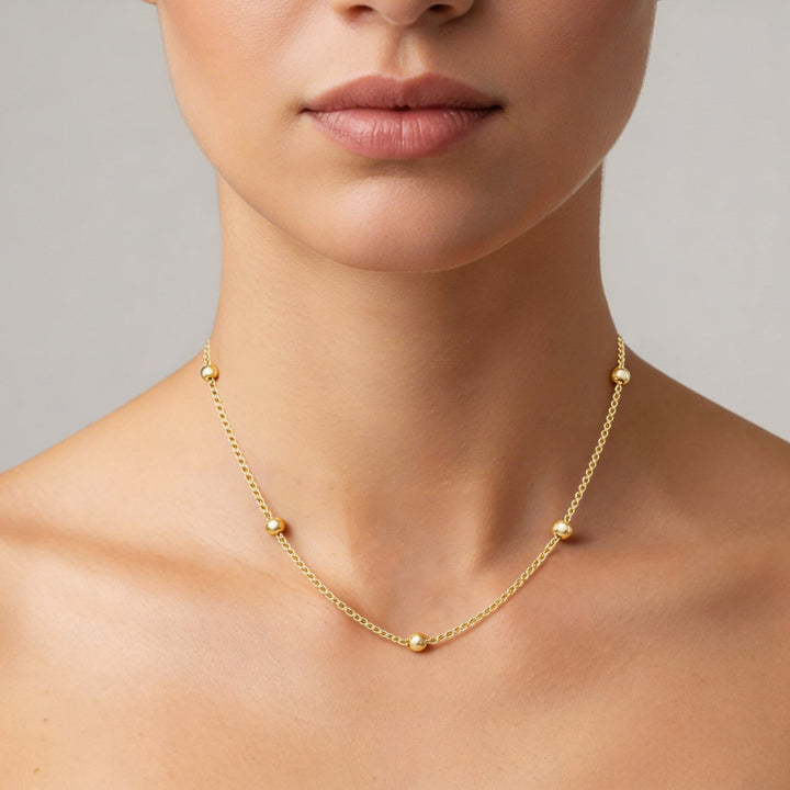 14K Yellow Gold Beaded Station Chain Necklace, 18 Inch – detail view | RockHer
