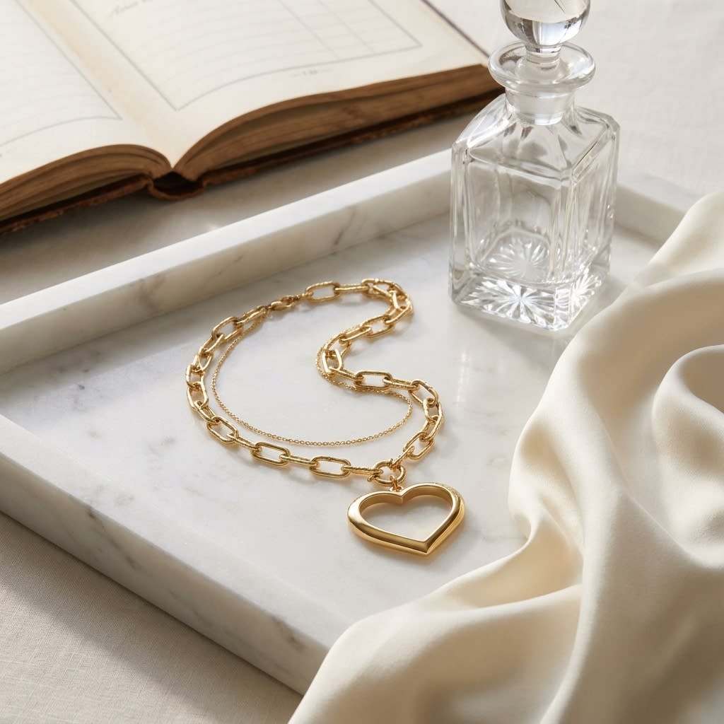 14K Yellow Gold Paperclip Chain with Heart Pendant, 17 Inch, on marble vanity tray with silk