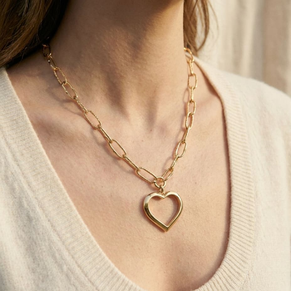 14K Yellow Gold Paperclip Chain with Heart Pendant, 17 Inch, worn close-up portrait