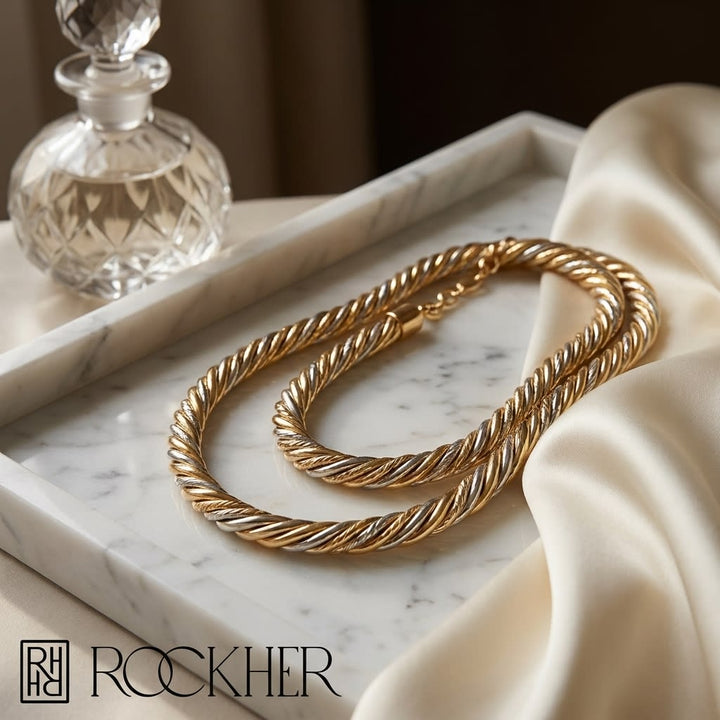 14K Two-Tone Gold Oval Textured Link Necklace, 18 Inch, on marble vanity tray with silk