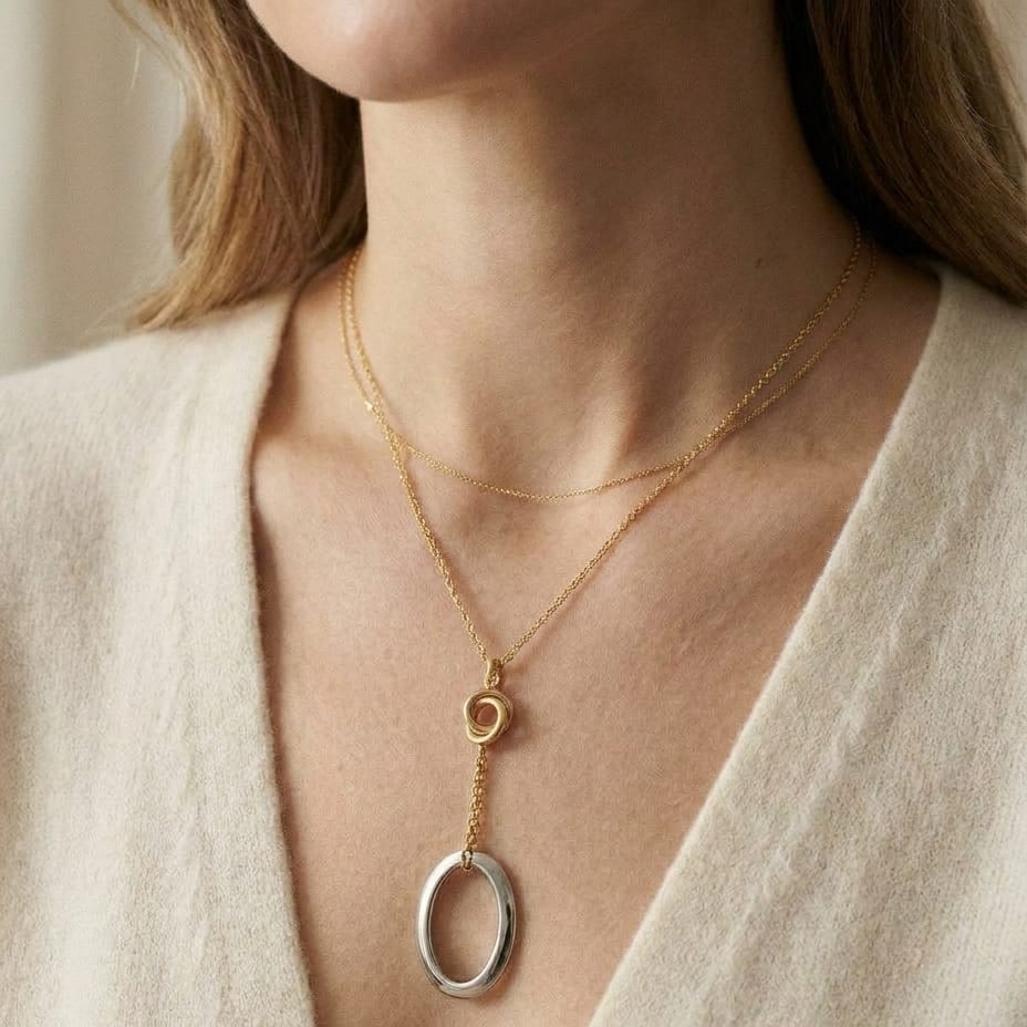14K Two-Tone Gold Y Necklace with White Gold Pendant, 17 Inch, worn close-up portrait