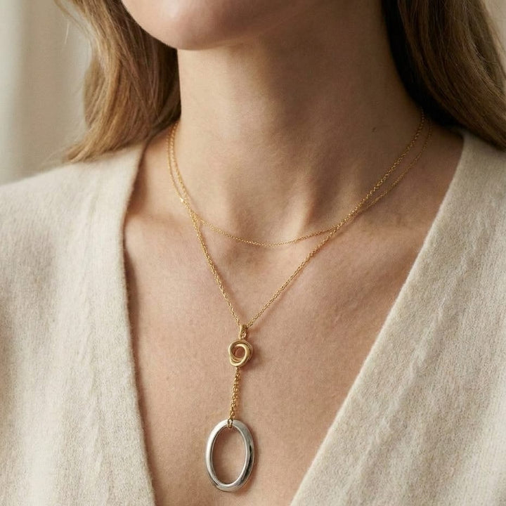 14K Two-Tone Gold Y Necklace with White Gold Pendant, 17 Inch, worn close-up portrait