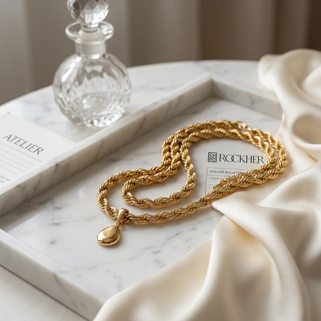 14K Yellow Gold Twisted Rope Chain Necklace, 18 Inch, on marble vanity tray with silk