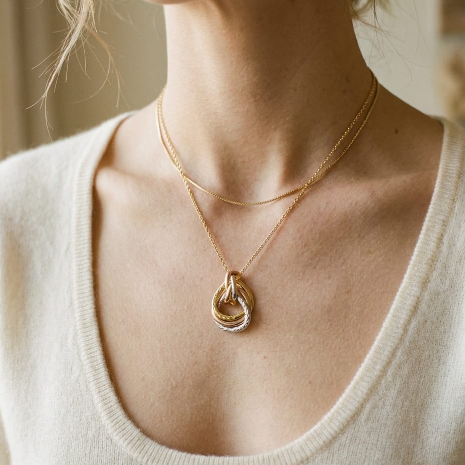 14K Tri-Color Gold Interlocking Teardrop Pendant Necklace, 18 Inch, worn close-up portrait