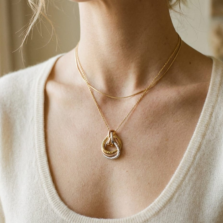 14K Tri-Color Gold Interlocking Teardrop Pendant Necklace, 18 Inch, worn close-up portrait