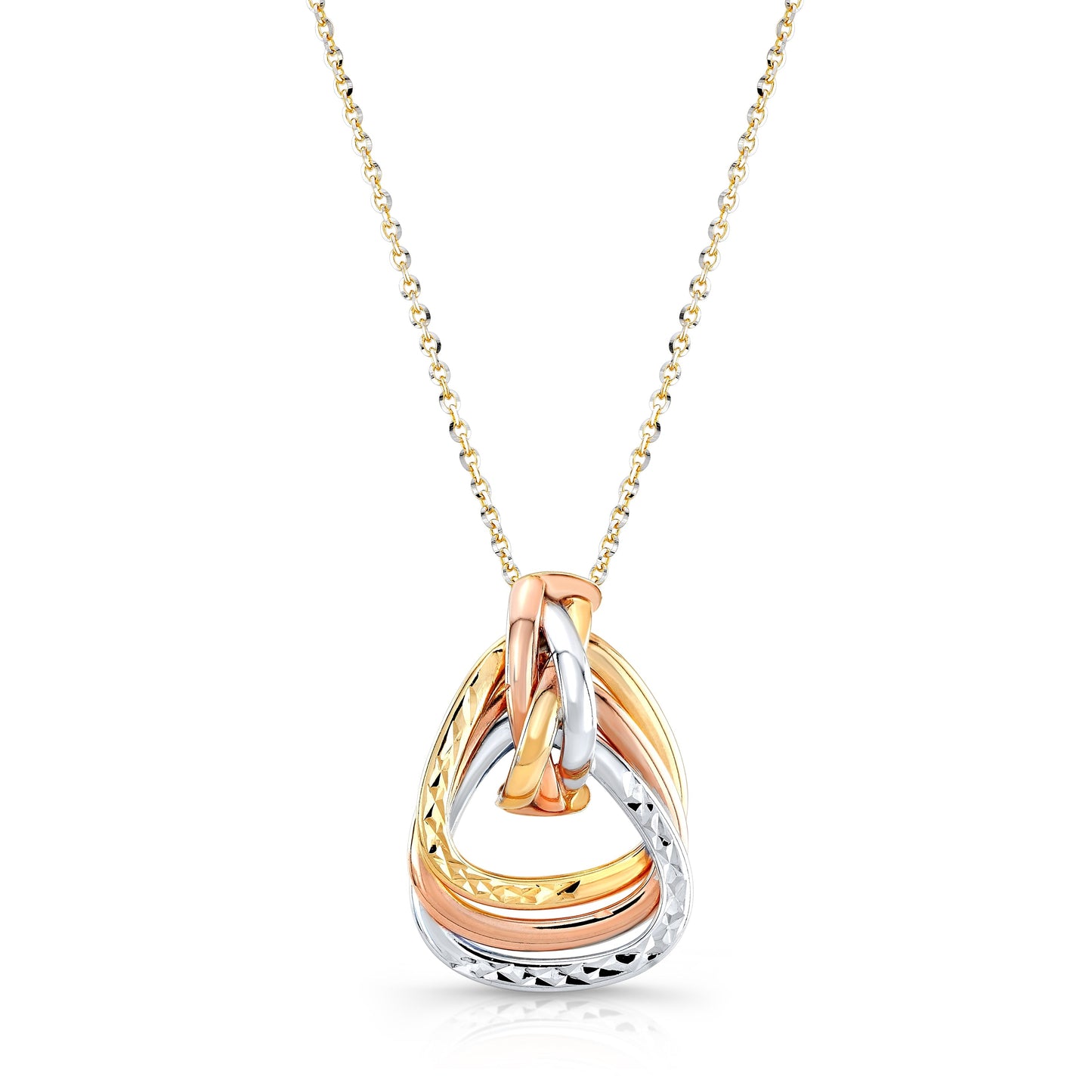 14K Tri-Color Gold Interlocking Teardrop Pendant Necklace, 18 Inch – side profile | RockHer