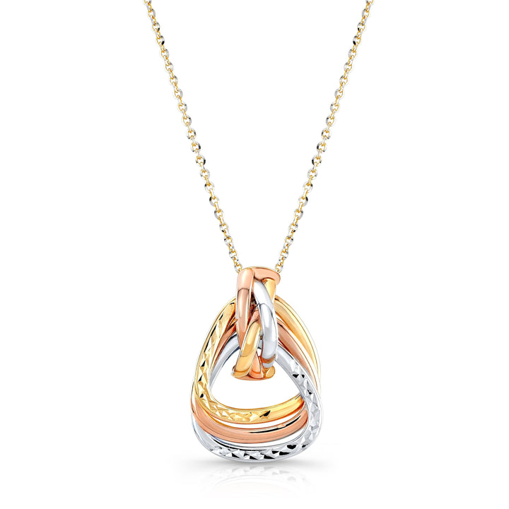 14K Tri-Color Gold Interlocking Teardrop Pendant Necklace, 18 Inch – side profile | RockHer