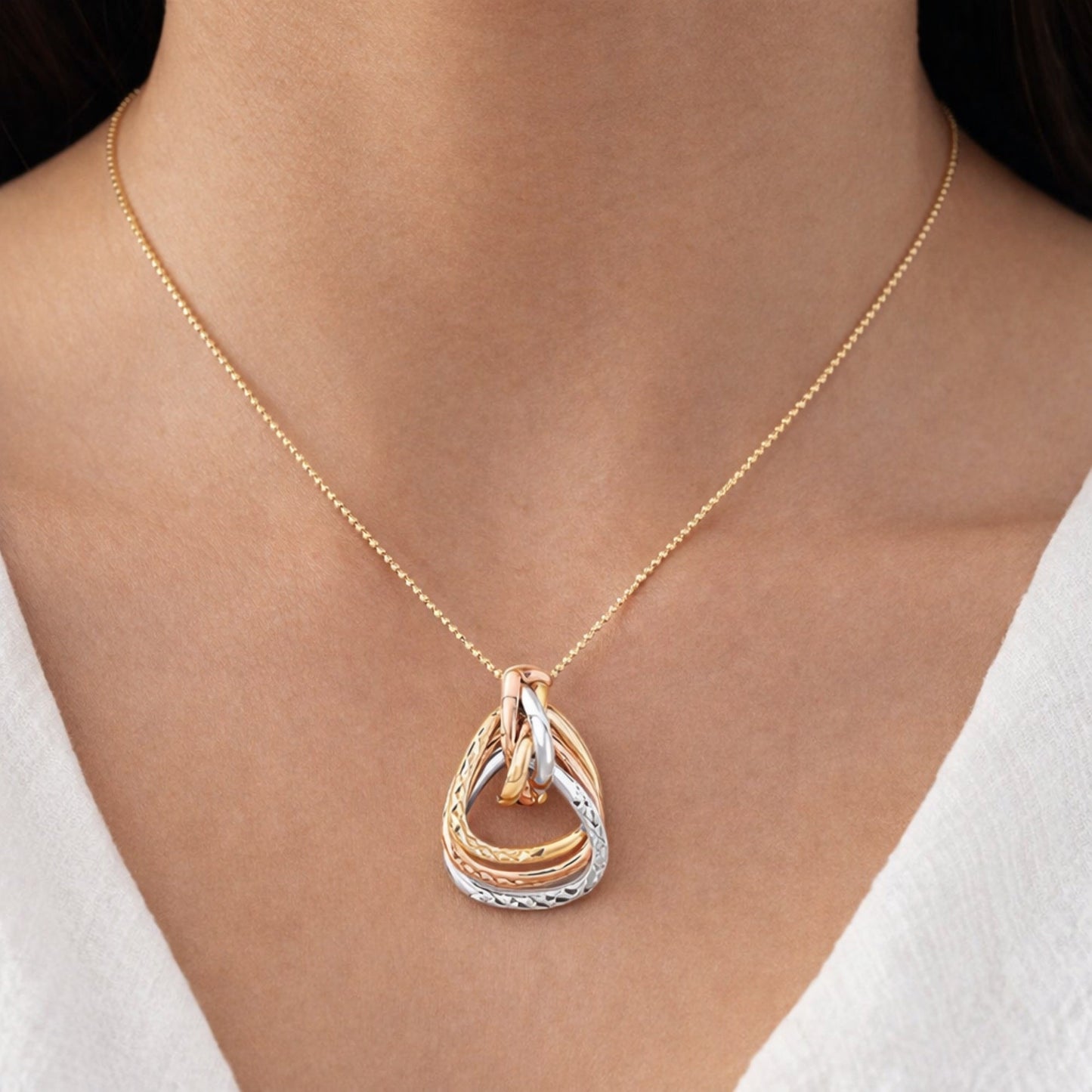 14K Tri-Color Gold Interlocking Teardrop Pendant Necklace, 18 Inch – detail view | RockHer