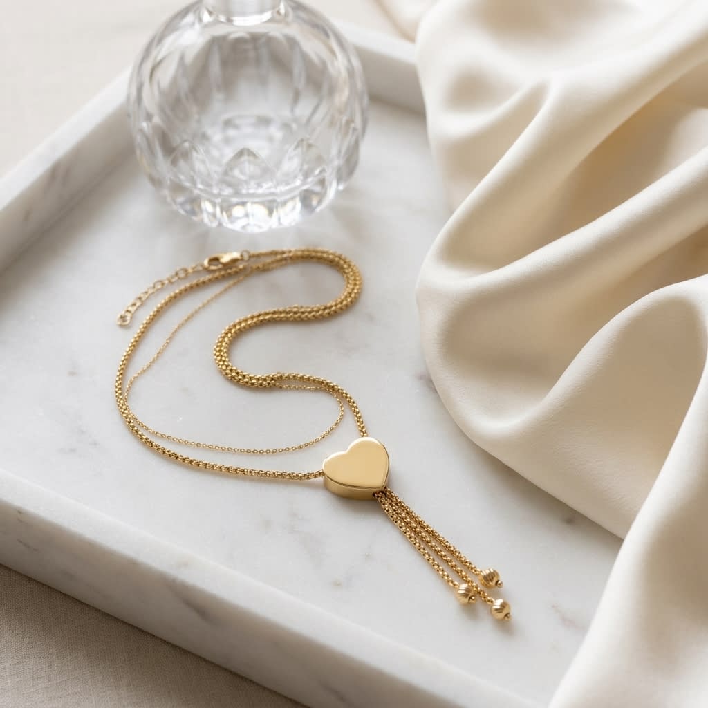 14K Yellow Gold Bead Chain with Heart Pendant, 18 Inch, on marble vanity tray with silk