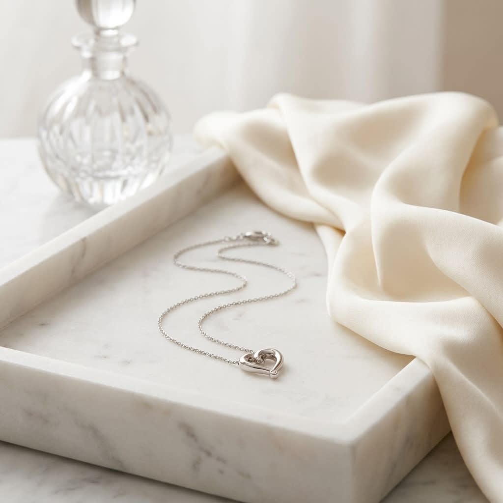 14K White Gold Cable Chain with Rose Gold Heart Pendant, 16 Inch, on marble vanity tray with silk