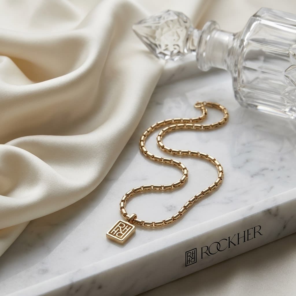14K Two-Tone Gold Elongated Bar Link Necklace, 20 Inch, on marble vanity tray with silk