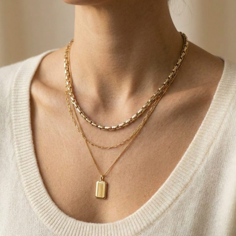 14K Two-Tone Gold Elongated Bar Link Necklace, 20 Inch, worn close-up portrait