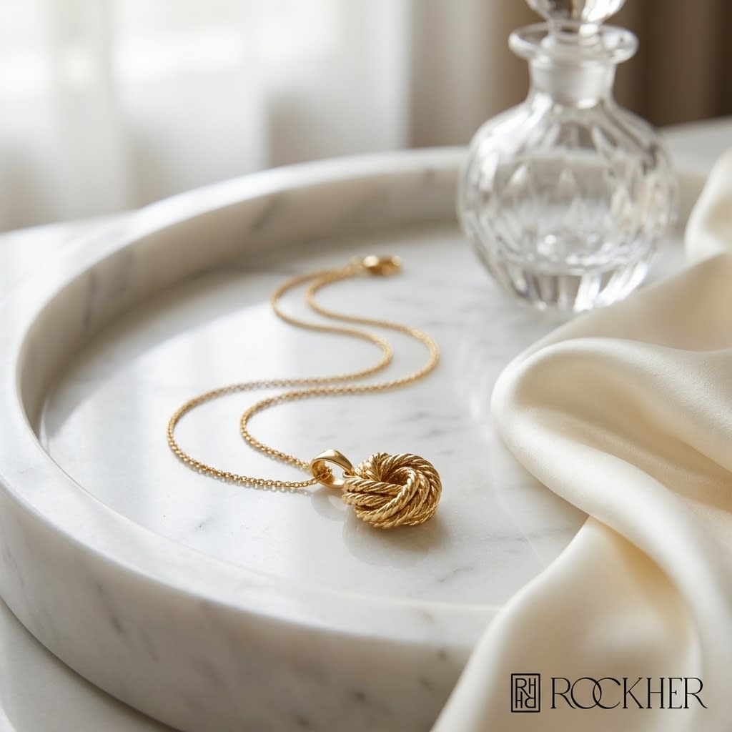 14K Yellow Gold Cable Chain with Love Knot Pendant, 18 Inch, on marble vanity tray with silk