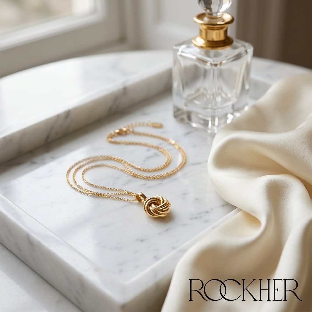 14K Yellow Gold Singapore Chain with Love Knot Pendant, 18 Inch, on marble vanity tray with silk