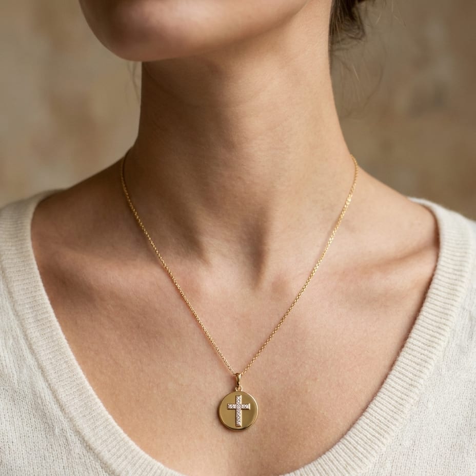 14K Yellow Gold Round Medal with Cross Necklace, 17.5 Inch, worn close-up portrait