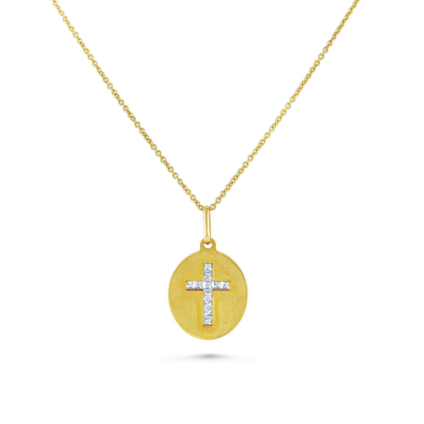 14K Yellow Gold Round Medal with Cross Necklace, 17.5 Inch – detail view | RockHer