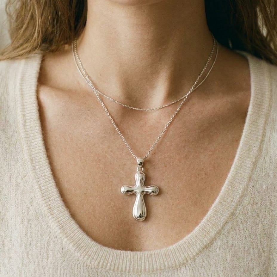 14K White Gold Cross Pendant Necklace, 18 Inch, worn close-up portrait