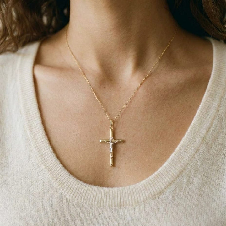 14K Two-Tone Gold Diamond-Cut Crucifix Pendant Necklace, 20 Inch, worn close-up portrait