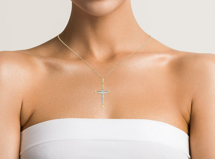 14K Two-Tone Gold Diamond-Cut Crucifix Pendant Necklace, 20 Inch – detail view | RockHer